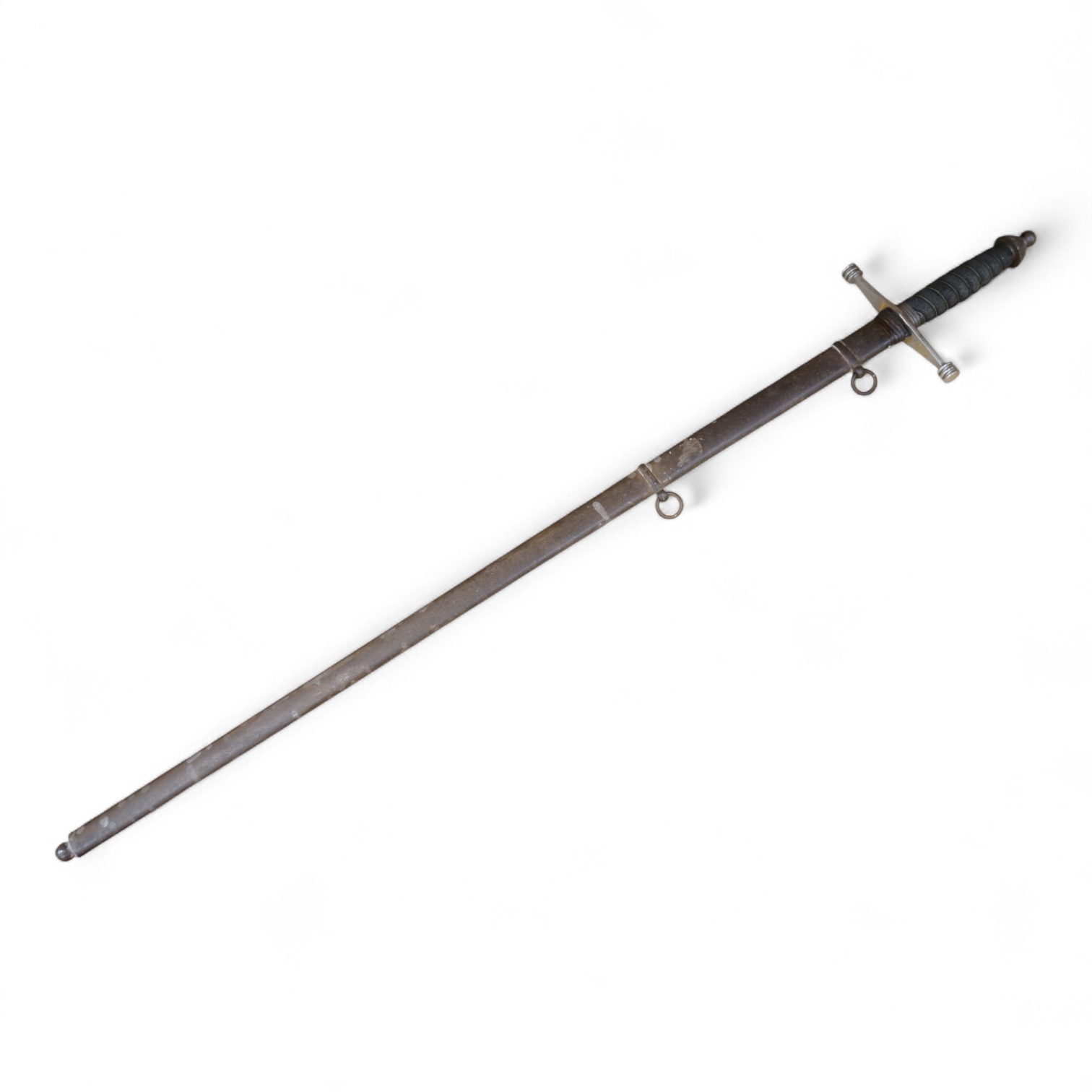 World War I Scottish infantry officer’s undress sword, etched and polished regulation blade with crowned GVR cipher and regulation cruciform hilt, in its steel scabbard